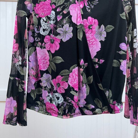 INC International Concepts Black Pink Floral Mesh Bell Sleeve Peasant Blouse Top - Picture 5 of 10